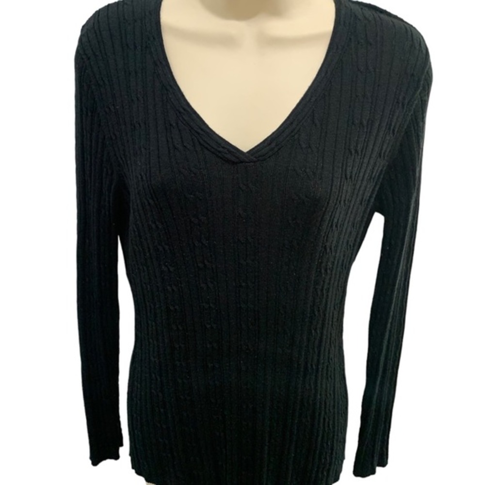 Chicos Ribbed‎ Sweater Size 1 Black V-Neck Long Sleeve Soft Knit Pullover Top